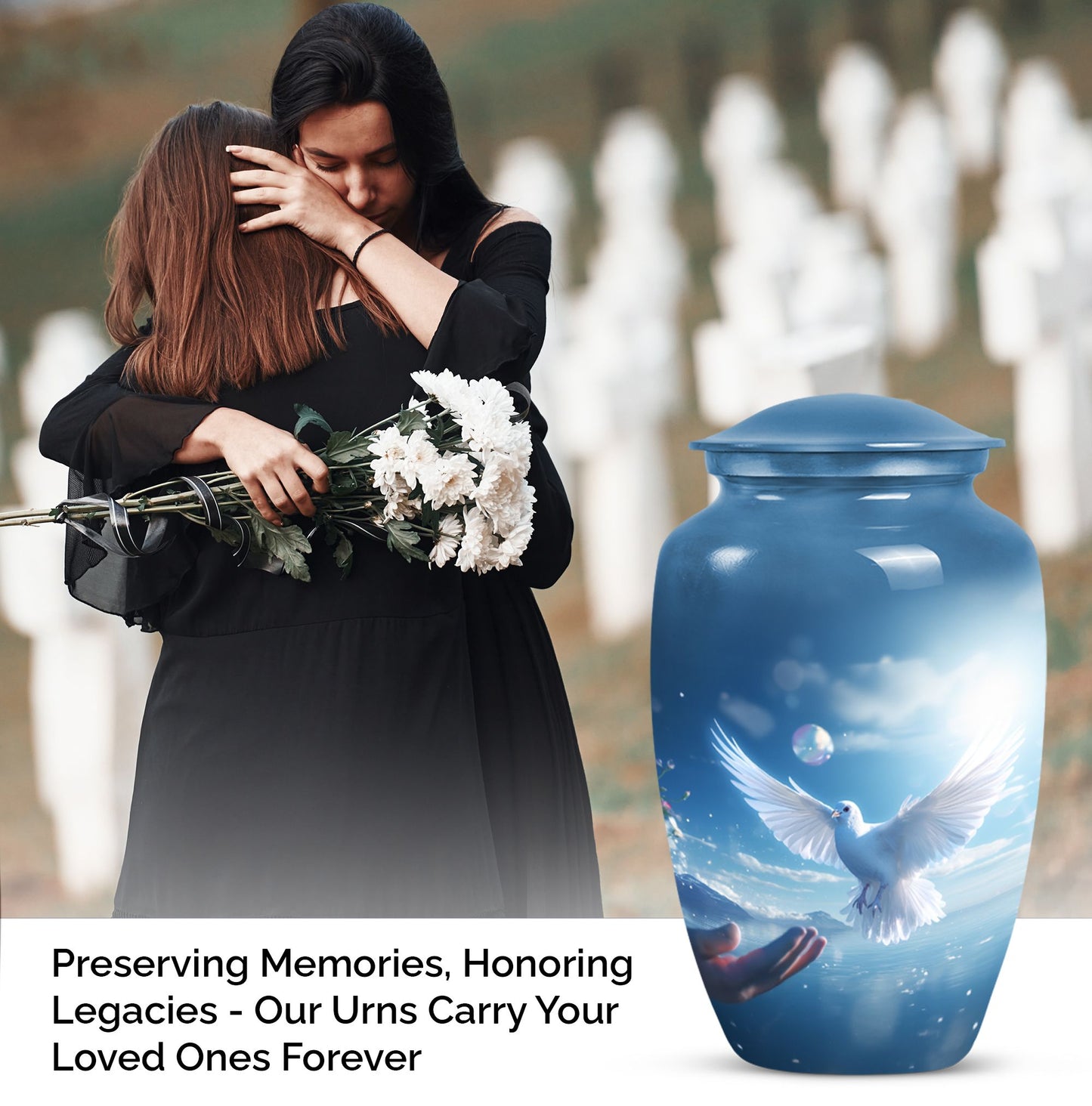 Dove adorned burial urn for adult male human ashes