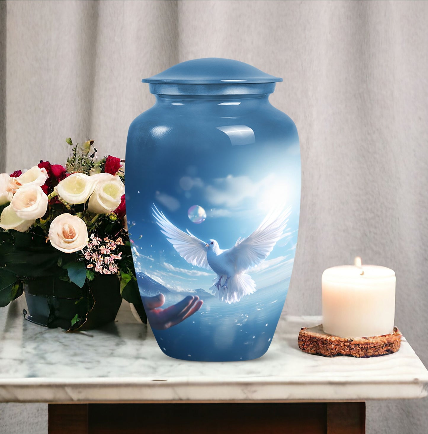 Dove adorned burial urn for adult male human ashes