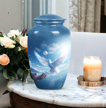 Dove adorned burial urn for adult male human ashes