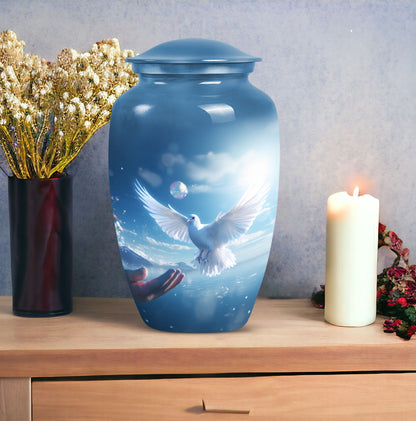 Dove adorned burial urn for adult male human ashes