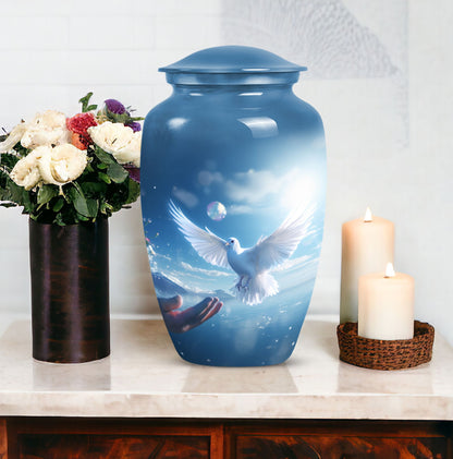 Dove adorned burial urn for adult male human ashes