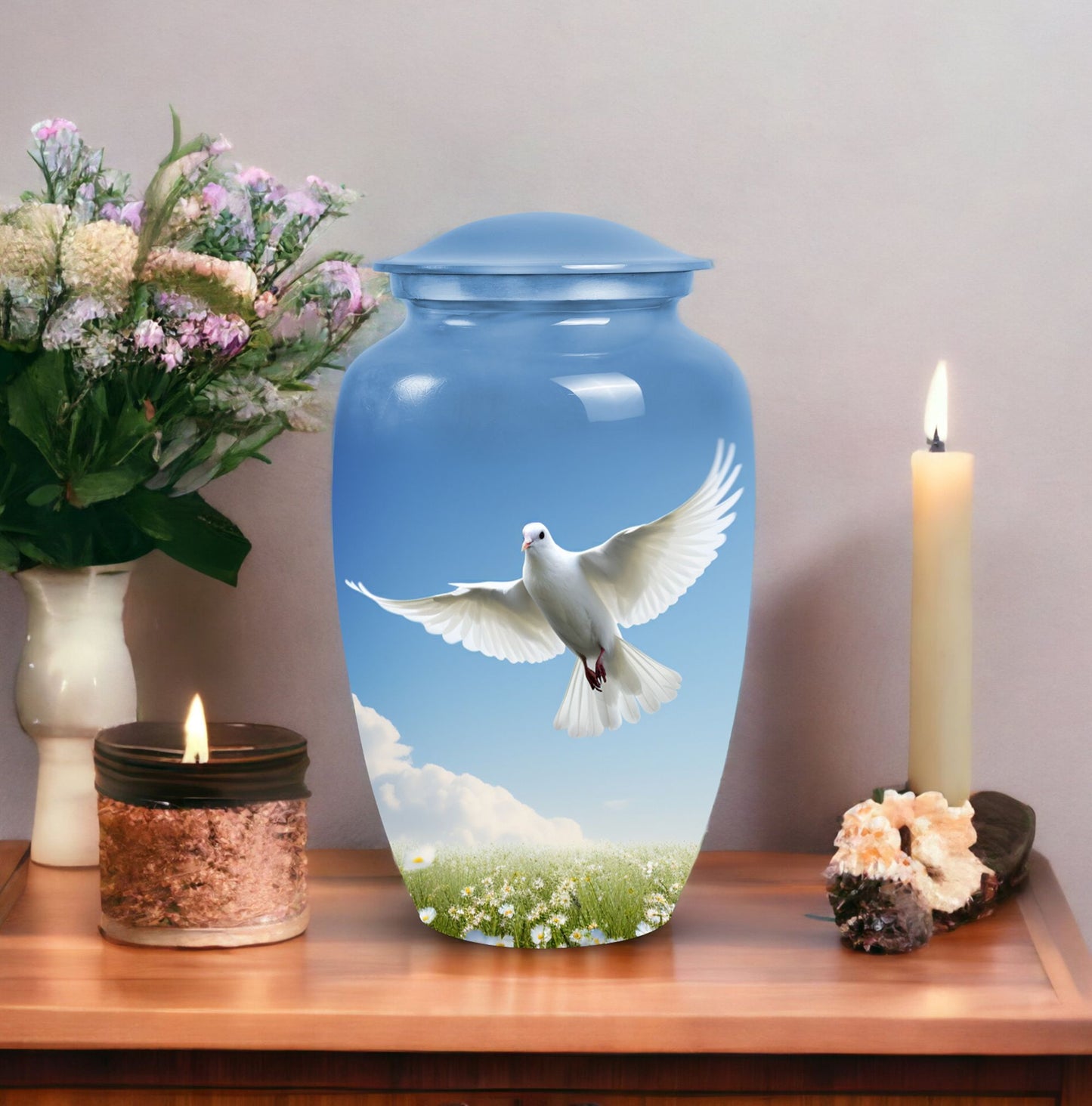 Elegant Dove Urn, a dignified burial urn for adult human ashes, suitable to memorialize a loved one