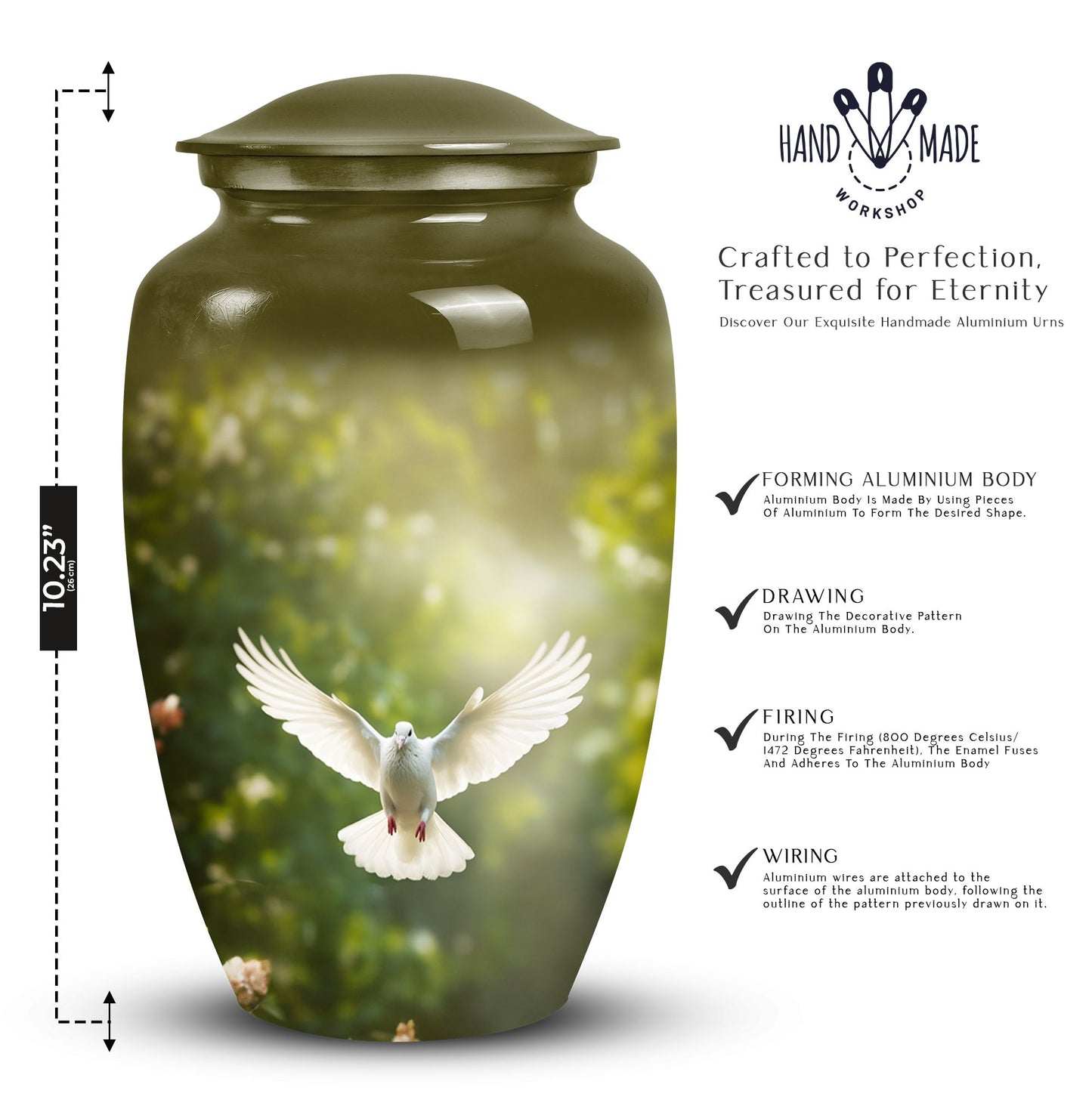 Unique Dove metal cremation urn, medium-sized and suitable for human ashes, designed for burial in ground, easily portable