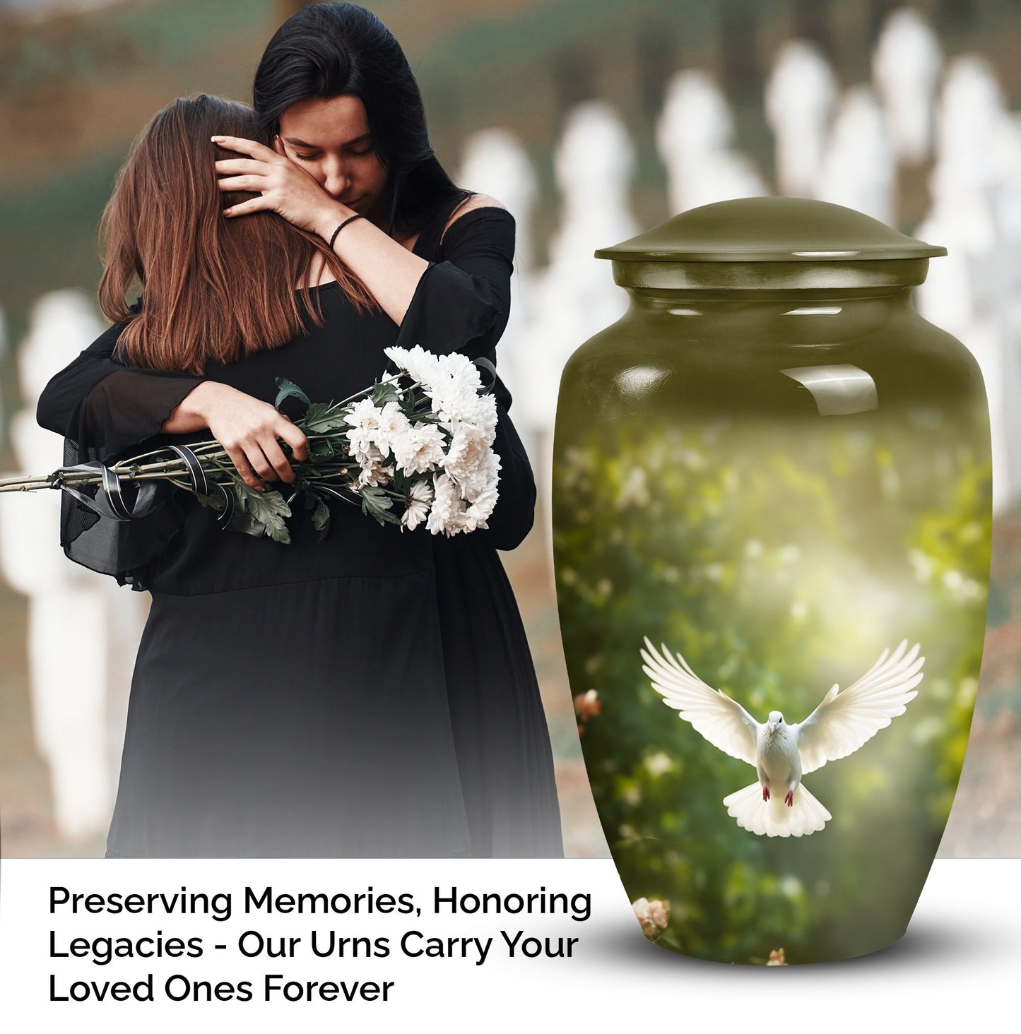 Unique Dove metal cremation urn, medium-sized and suitable for human ashes, designed for burial in ground, easily portable