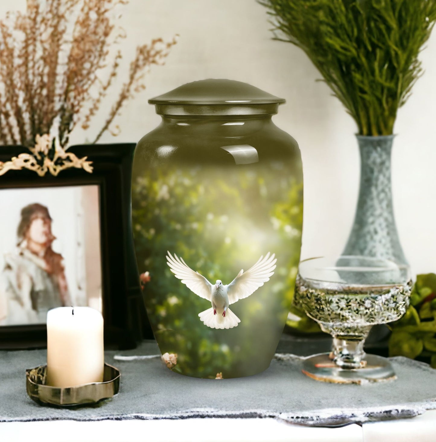Unique Dove metal cremation urn, medium-sized and suitable for human ashes, designed for burial in ground, easily portable