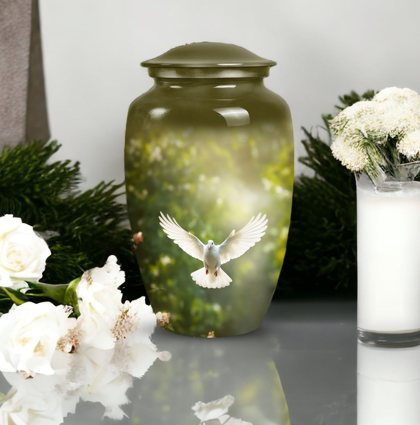 Unique Dove metal cremation urn, medium-sized and suitable for human ashes, designed for burial in ground, easily portable