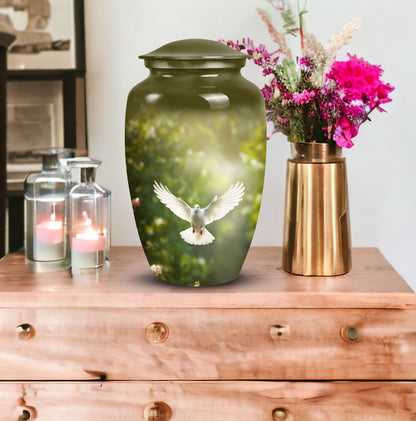 Unique Dove metal cremation urn, medium-sized and suitable for human ashes, designed for burial in ground, easily portable