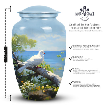 Unique Dove themed metal urn for adult female human ashes, customizable and suited for funerals