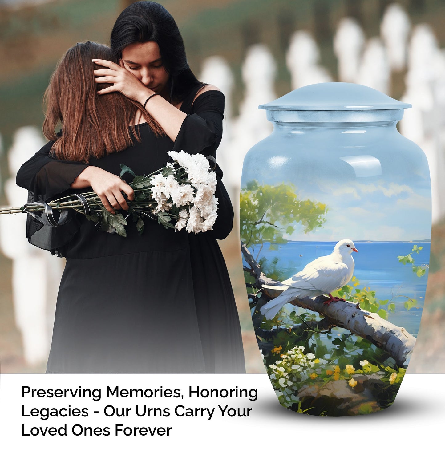 Unique Dove themed metal urn for adult female human ashes, customizable and suited for funerals