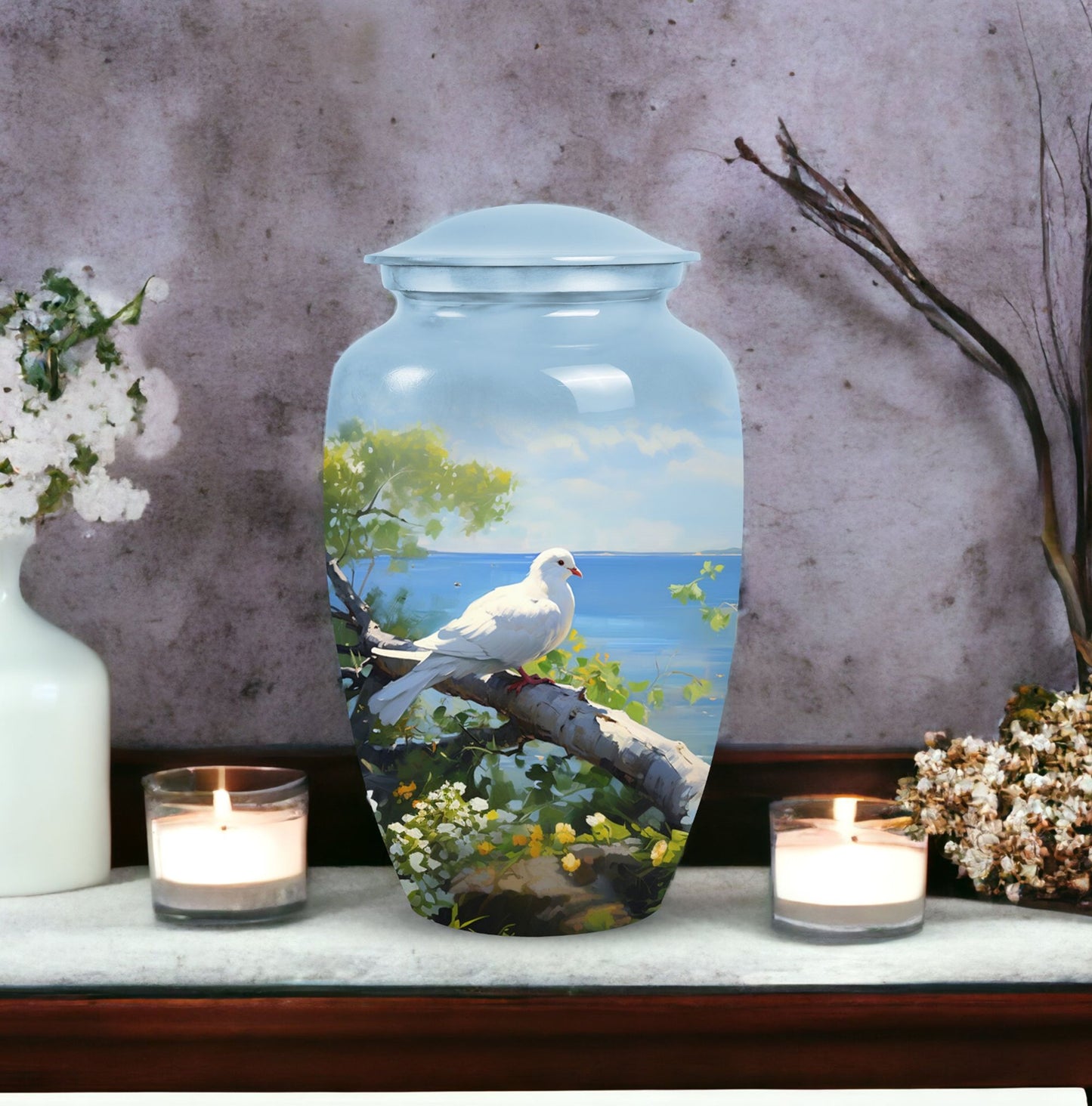 Unique Dove themed metal urn for adult female human ashes, customizable and suited for funerals