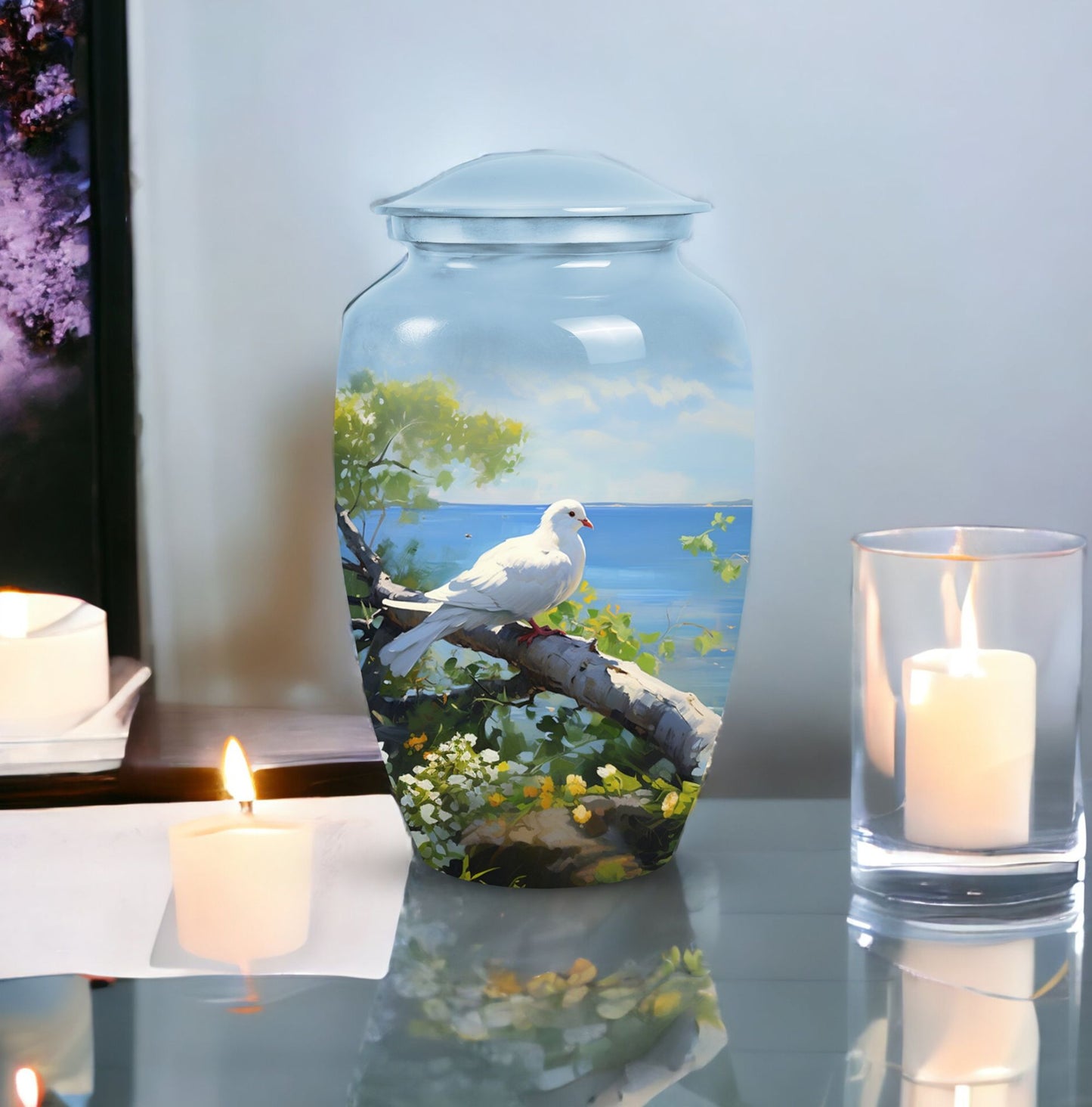 Unique Dove themed metal urn for adult female human ashes, customizable and suited for funerals