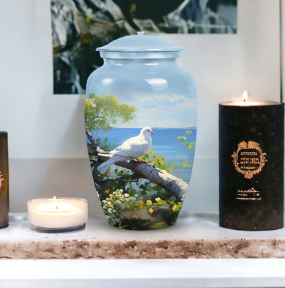 Unique Dove themed metal urn for adult female human ashes, customizable and suited for funerals