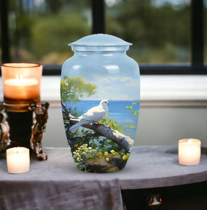 Unique Dove themed metal urn for adult female human ashes, customizable and suited for funerals