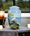 Unique Dove themed metal urn for adult female human ashes, customizable and suited for funerals