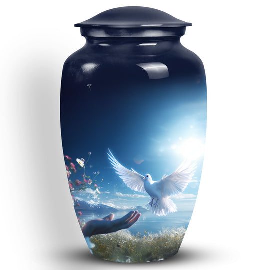 Elegant Dove Urn, a sturdy metal urn for storing adult human ashes, also called ash holder