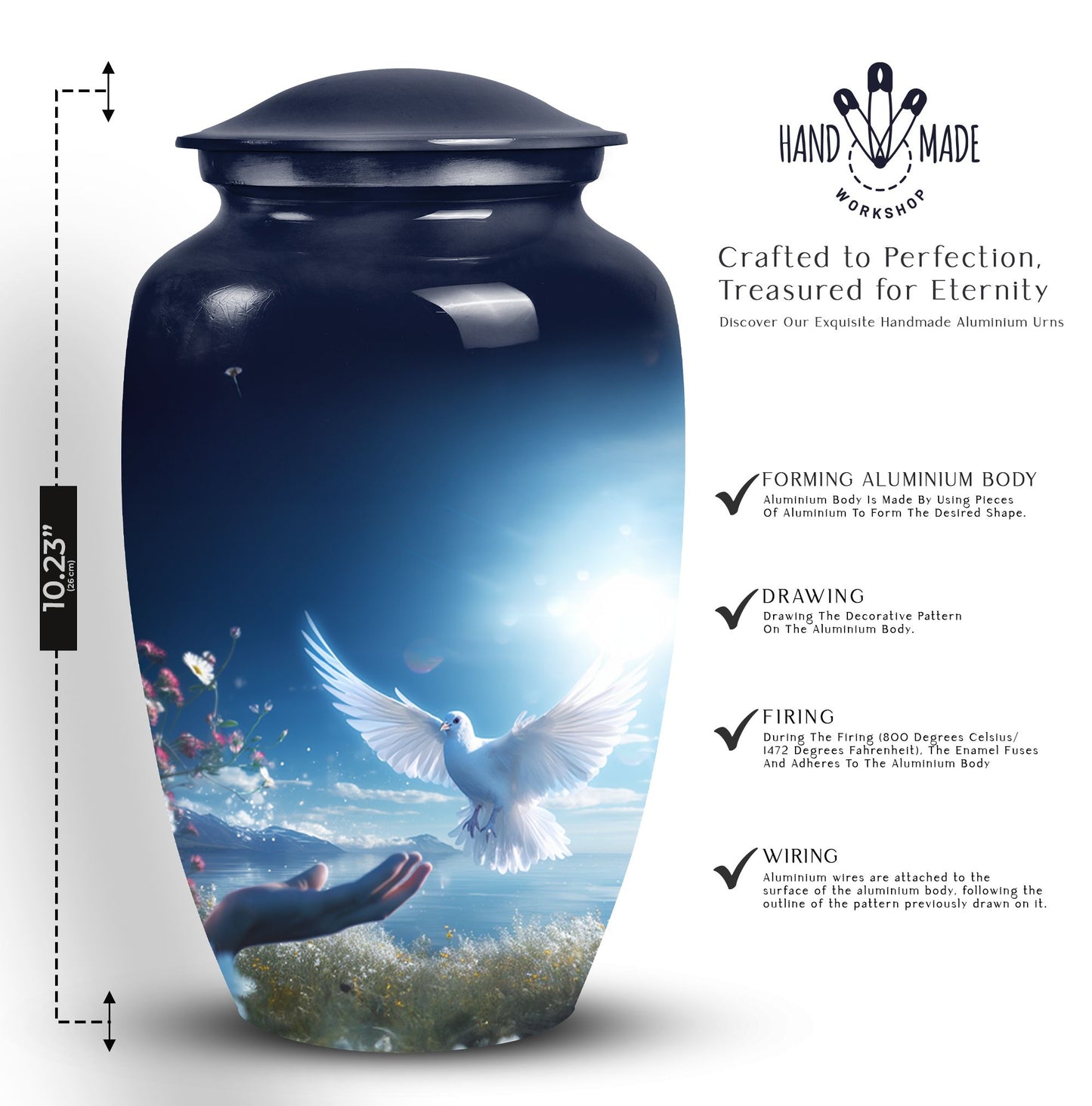 Elegant Dove Urn, a sturdy metal urn for storing adult human ashes, also called ash holder