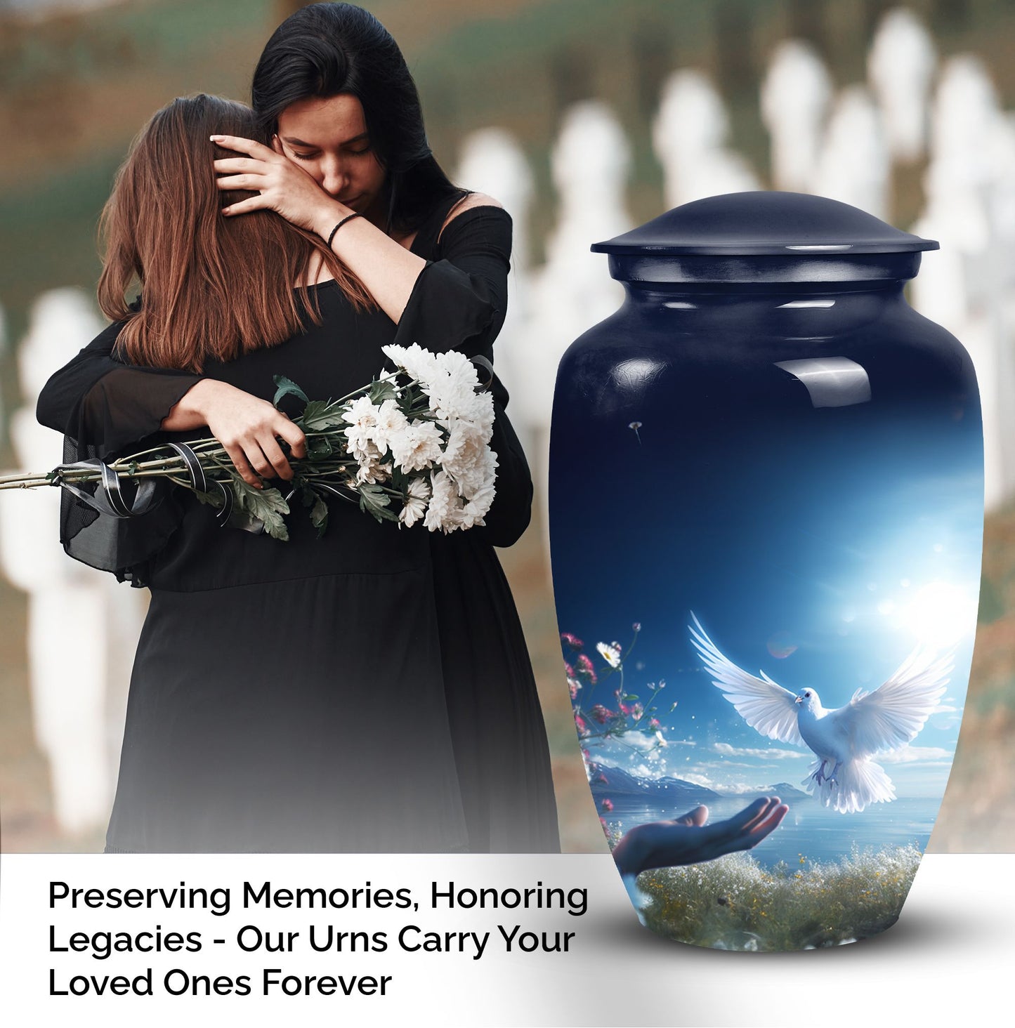 Elegant Dove Urn, a sturdy metal urn for storing adult human ashes, also called ash holder