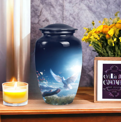 Elegant Dove Urn, a sturdy metal urn for storing adult human ashes, also called ash holder