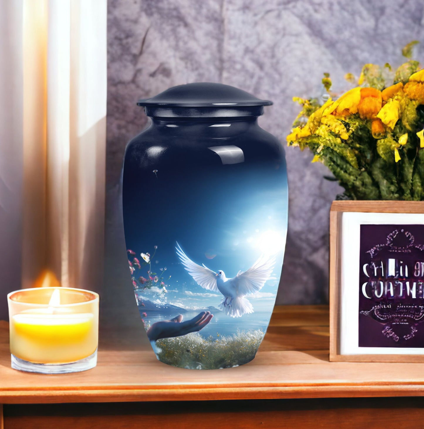 Elegant Dove Urn, a sturdy metal urn for storing adult human ashes, also called ash holder
