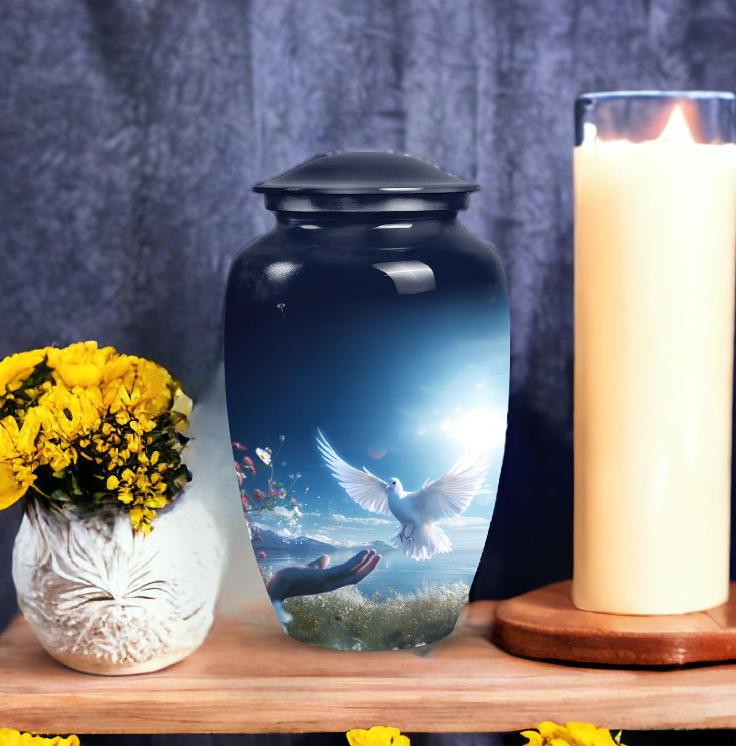 Elegant Dove Urn, a sturdy metal urn for storing adult human ashes, also called ash holder