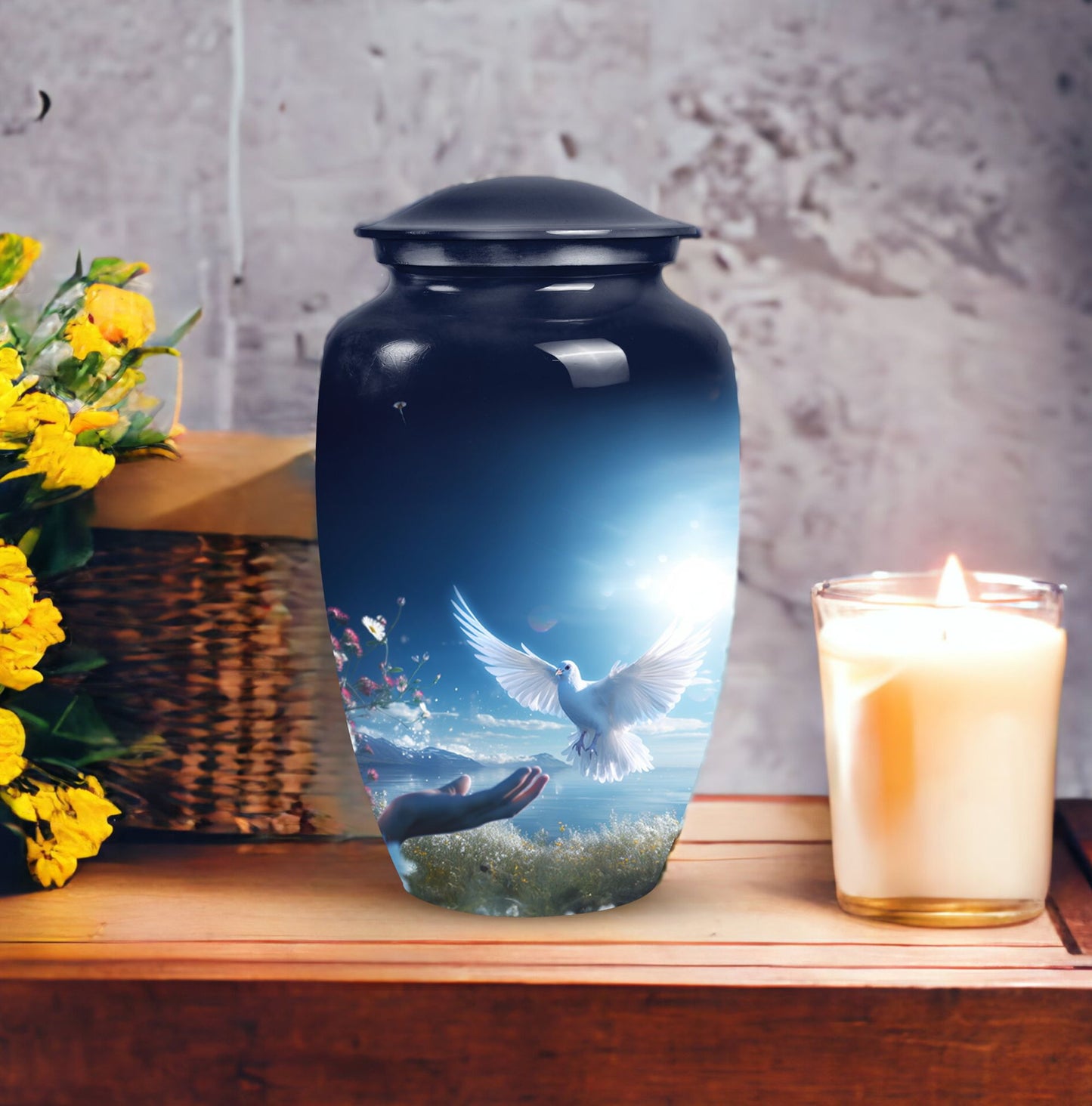 Elegant Dove Urn, a sturdy metal urn for storing adult human ashes, also called ash holder