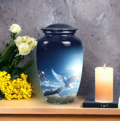 Elegant Dove Urn, a sturdy metal urn for storing adult human ashes, also called ash holder