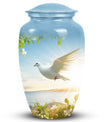 Image of dove-designed metal urn for human ashes, an elegant funerary urn suitable for adult men