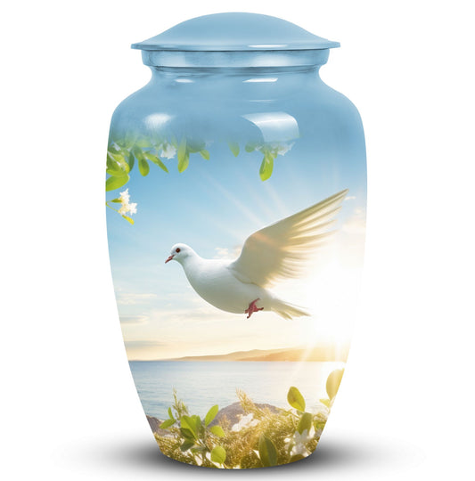 Image of dove-designed metal urn for human ashes, an elegant funerary urn suitable for adult men