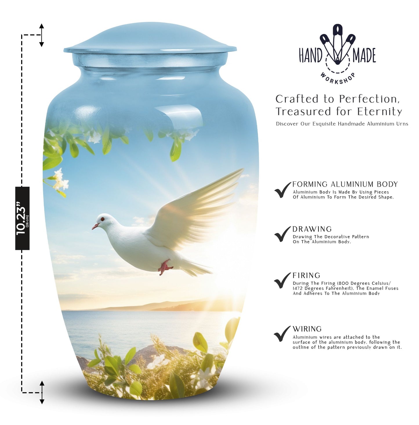Image of dove-designed metal urn for human ashes, an elegant funerary urn suitable for adult men
