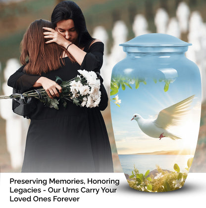 Image of dove-designed metal urn for human ashes, an elegant funerary urn suitable for adult men