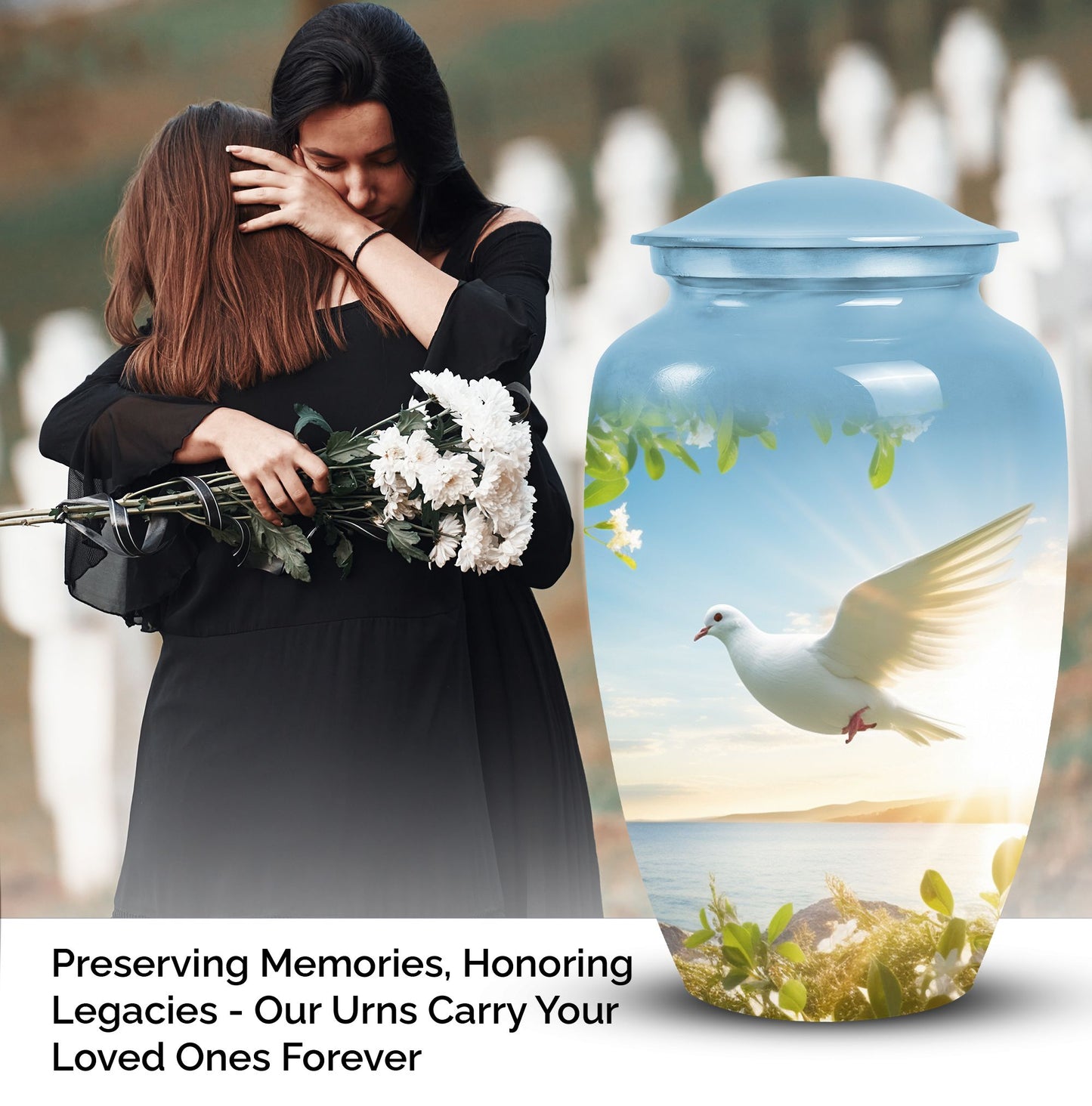 Image of dove-designed metal urn for human ashes, an elegant funerary urn suitable for adult men
