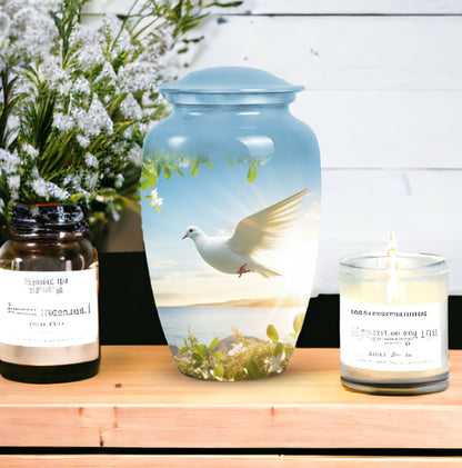Image of dove-designed metal urn for human ashes, an elegant funerary urn suitable for adult men