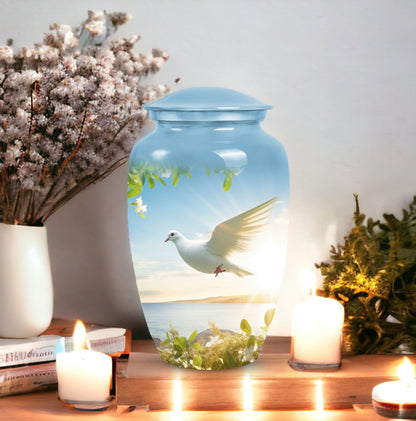Image of dove-designed metal urn for human ashes, an elegant funerary urn suitable for adult men