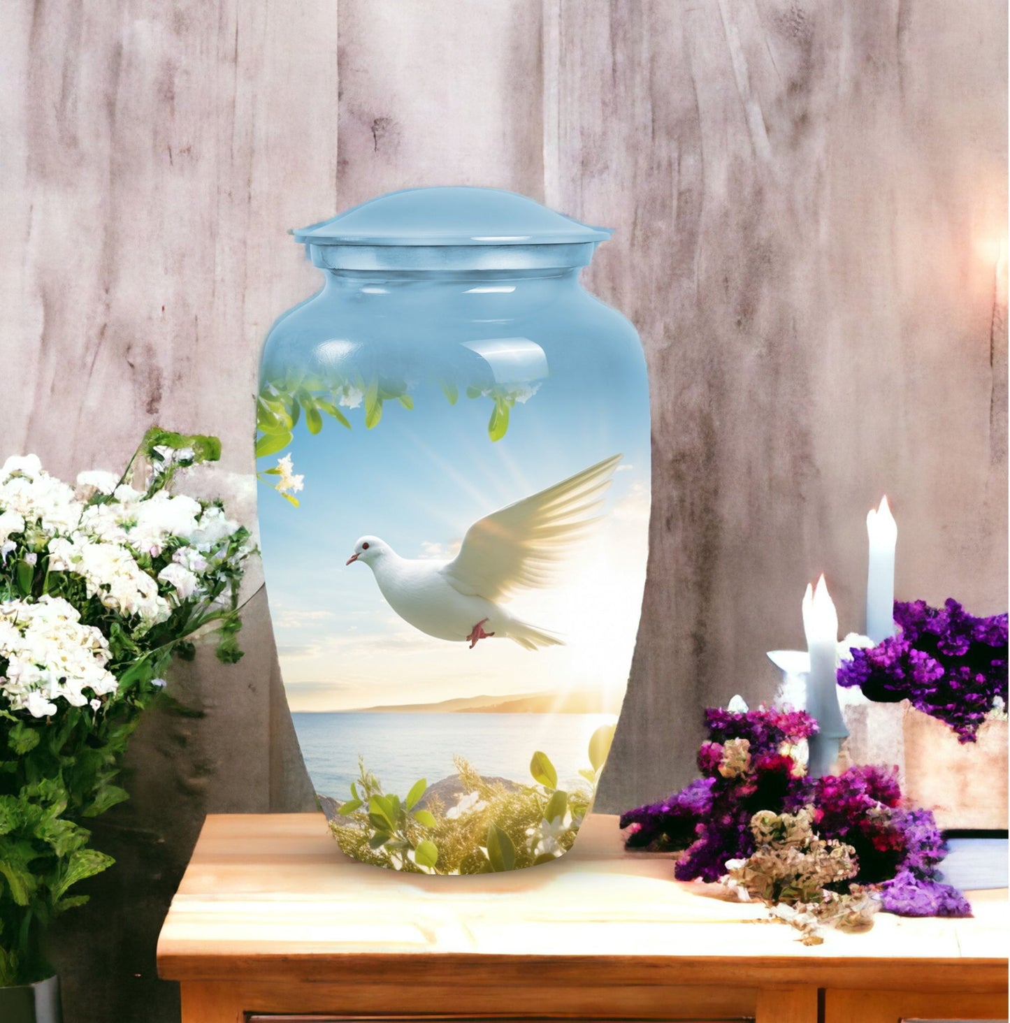 Image of dove-designed metal urn for human ashes, an elegant funerary urn suitable for adult men