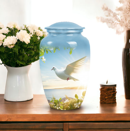 Image of dove-designed metal urn for human ashes, an elegant funerary urn suitable for adult men