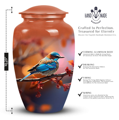 Elegant Sparrow metal urn designed to hold human adult ashes, suitable for funerary purposes