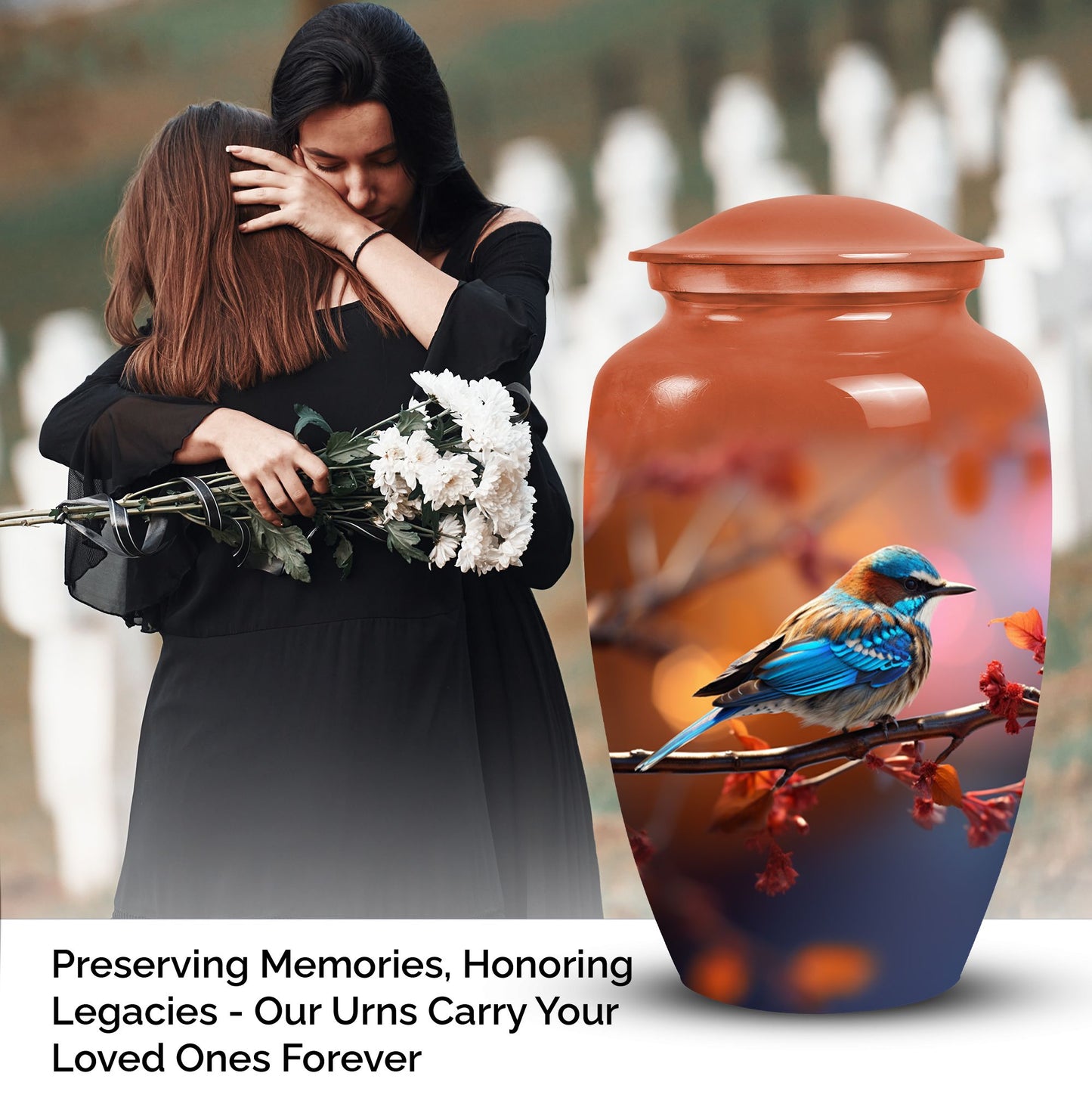 Elegant Sparrow metal urn designed to hold human adult ashes, suitable for funerary purposes