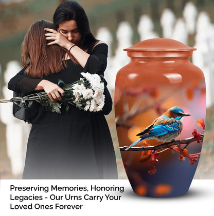 Elegant Sparrow metal urn designed to hold human adult ashes, suitable for funerary purposes