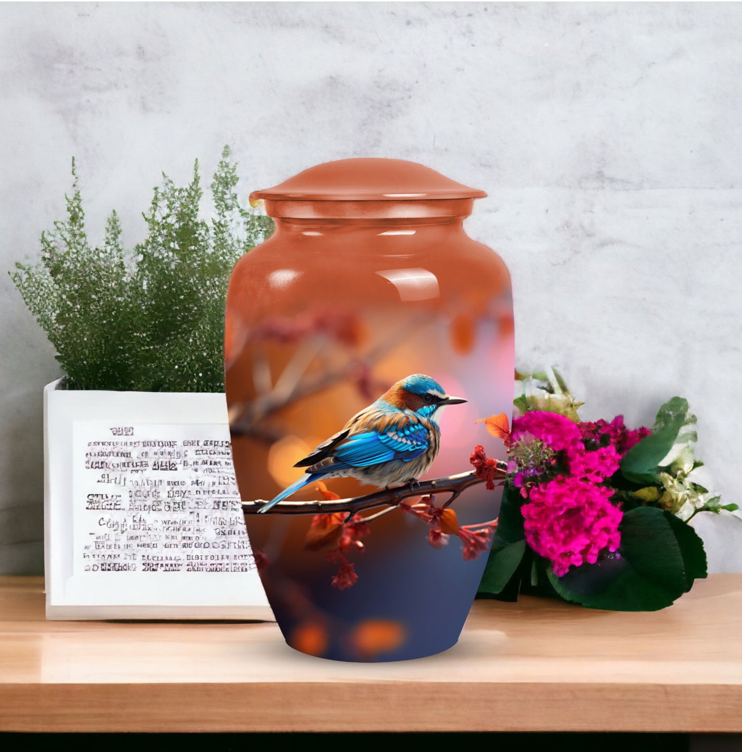 Elegant Sparrow metal urn designed to hold human adult ashes, suitable for funerary purposes