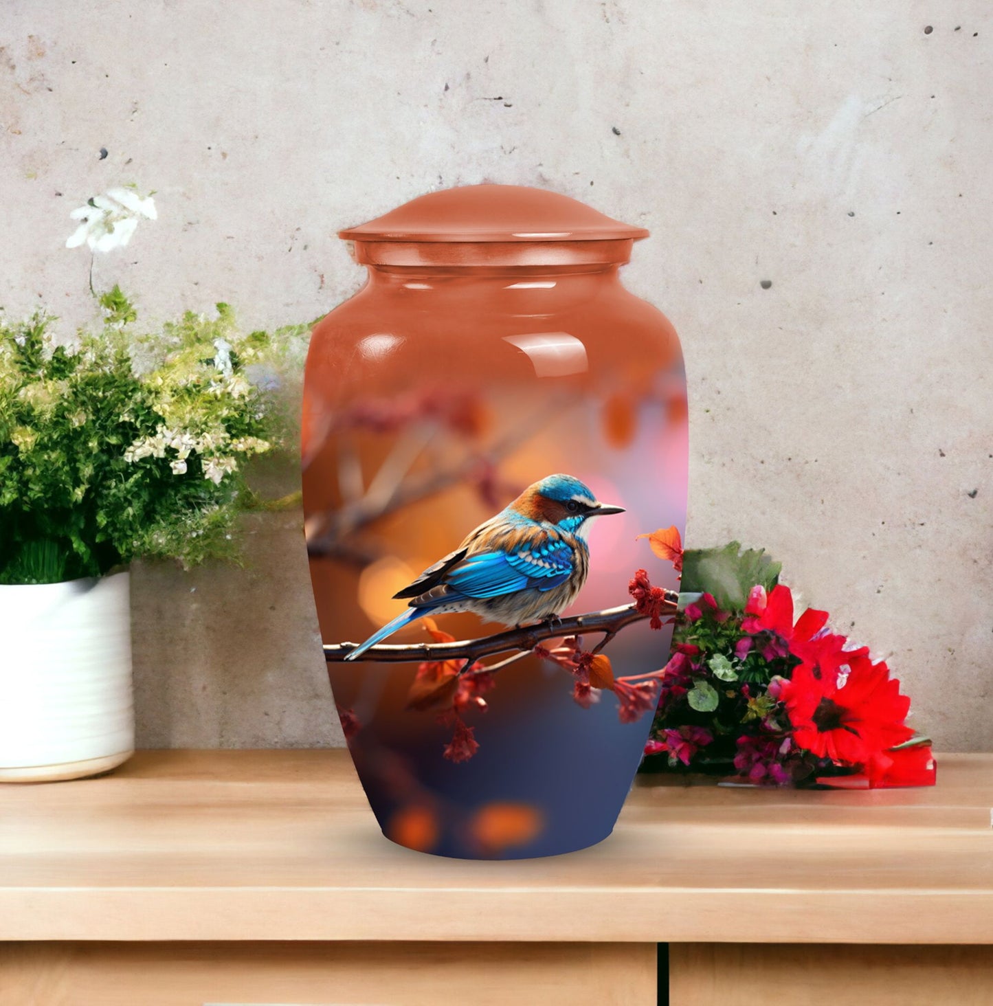 Elegant Sparrow metal urn designed to hold human adult ashes, suitable for funerary purposes