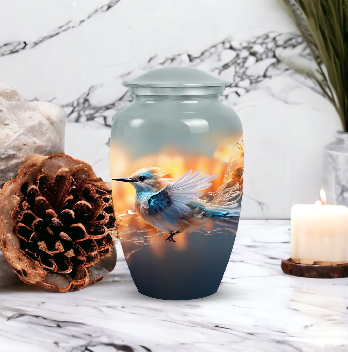 Artistic Sparrow Urn for adults, women's burial urn for human ashes, unique in funeral decorations