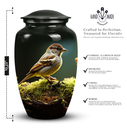 Sparrow-written, decorative urn serving as a meaningful memorial ash container for adults, particularly men