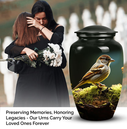 Sparrow-written, decorative urn serving as a meaningful memorial ash container for adults, particularly men