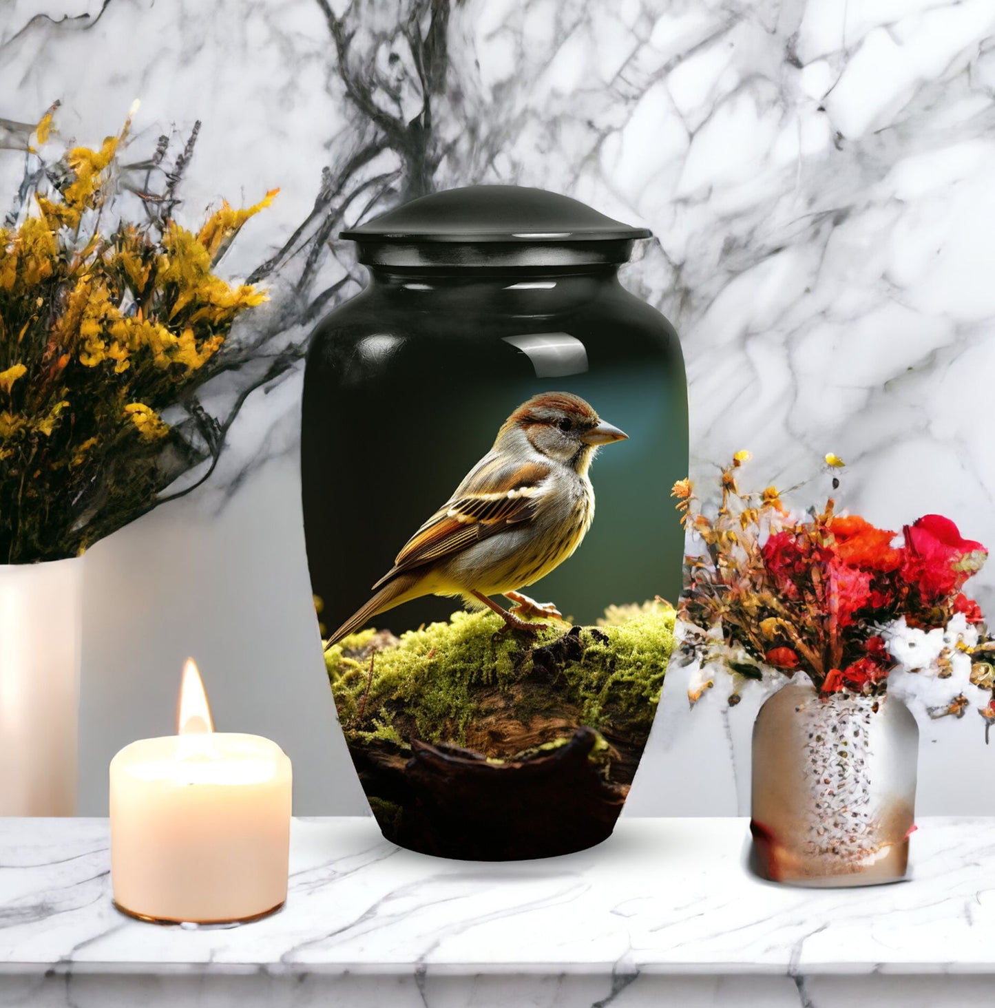 Sparrow-written, decorative urn serving as a meaningful memorial ash container for adults, particularly men