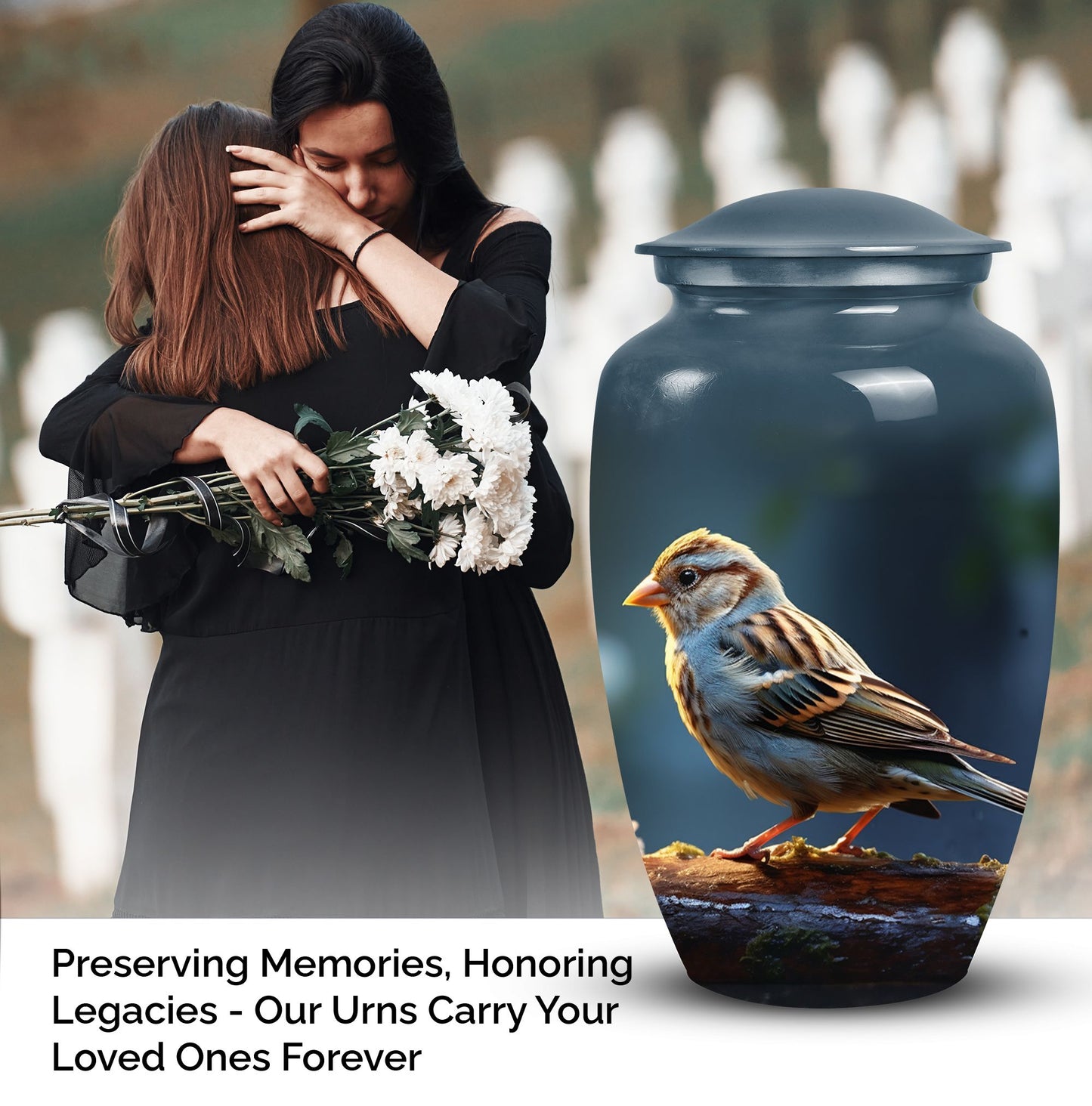 Elegant Sparrow Cremation Urn designed for adult human ashes, ideal burial urn for men or a mom