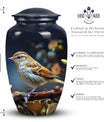 Sparrow design cremation urn, ideal for preserving adult female and male ashes.