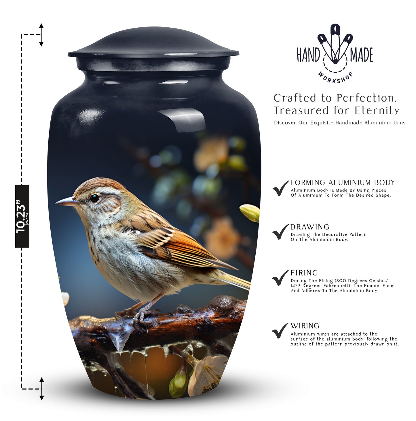 Sparrow design cremation urn, ideal for preserving adult female and male ashes.
