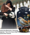 Sparrow design cremation urn, ideal for preserving adult female and male ashes.
