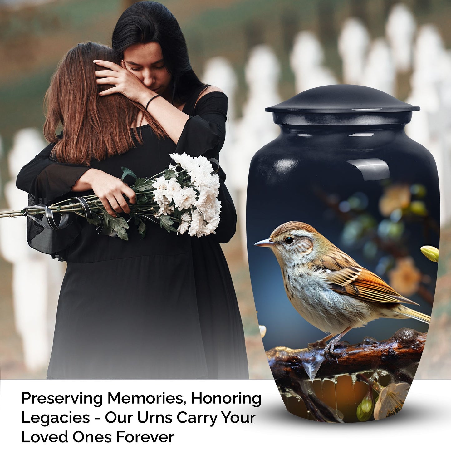Sparrow design cremation urn, ideal for preserving adult female and male ashes.