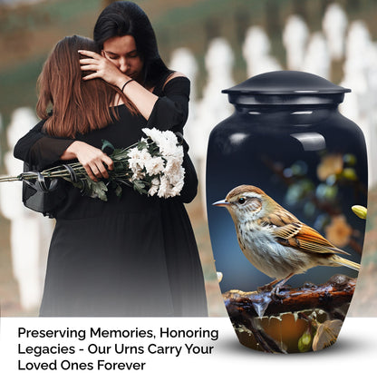 Sparrow design cremation urn, ideal for preserving adult female and male ashes.